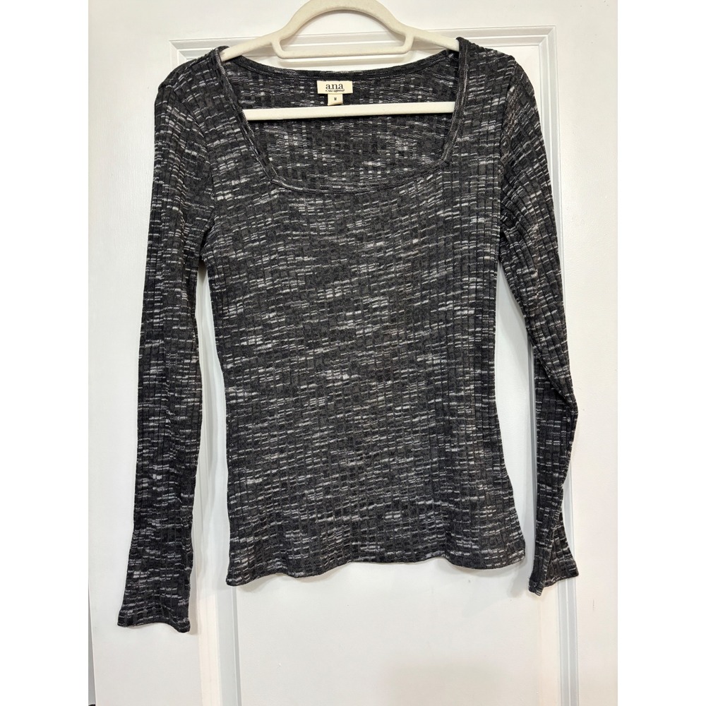 ANA Space Dye Ribbed Square Neck Long Sleeve Top Gray White M Casual Y2K